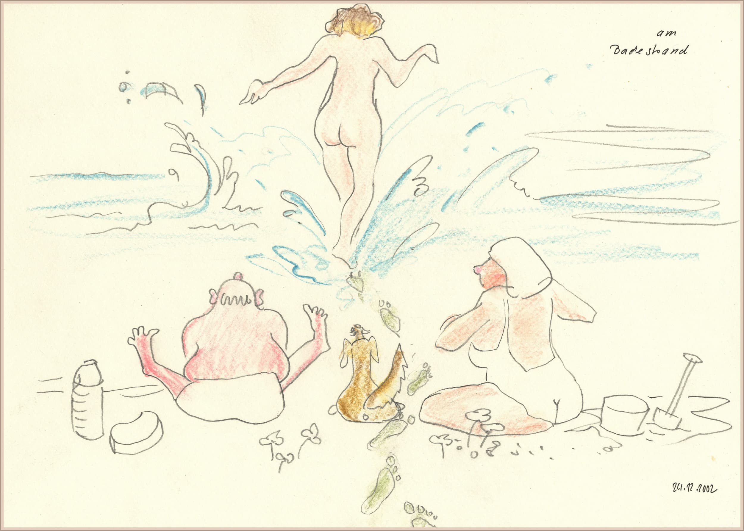 Gunter Langer, Karikatur Frau, Badestrand, 2002, Gouache Wasserfarbe Bleistift, Karton, 21 x 30 cm